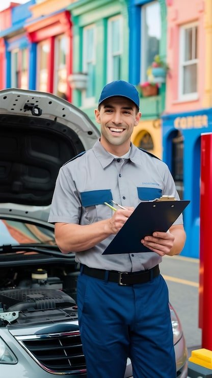 Technician checking inspection information before a vehicle visit